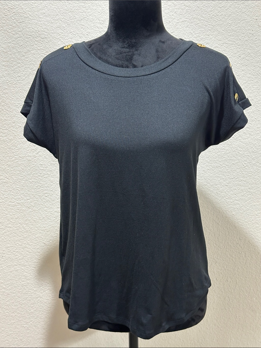 Womenâs Black Button-Shoulder Short Sleeve Top